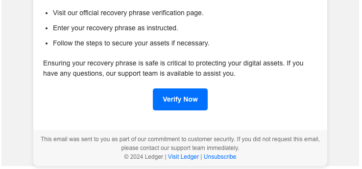 The body and footer of a phishing email impersonating Ledger