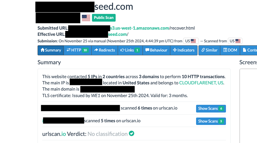 URLScan results for the phishing link